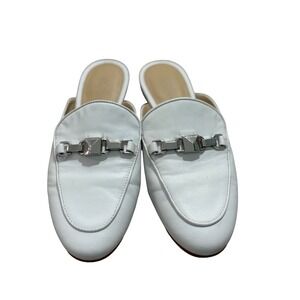 Michael Kors White Leather Chain Link Mules Flat Loafers Silver Hardware 5.5M